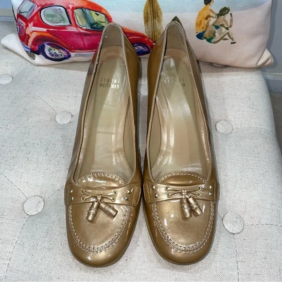 Stuart Weitzman moccasin pump Gold leather Heels Size 8W Women'S - Picture 4 of 10